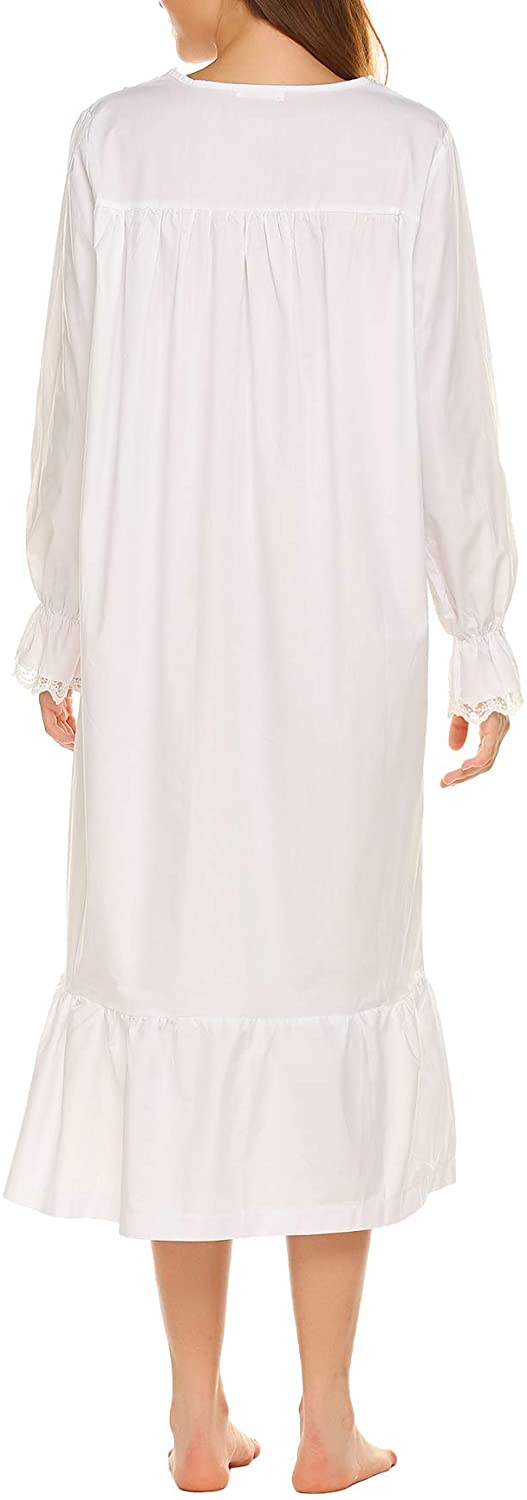 Womens Long Sleeve White Nightgown Cotton&Lace Pajama Sleepwear Sleep Dress Womens Long Sleeve White Nightgown Cotton&Lace Pajama Sleepwear Sleep Dress